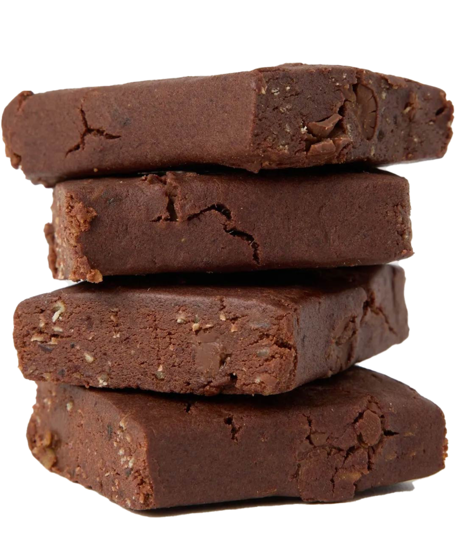 A stack of four chocolate protein bars.